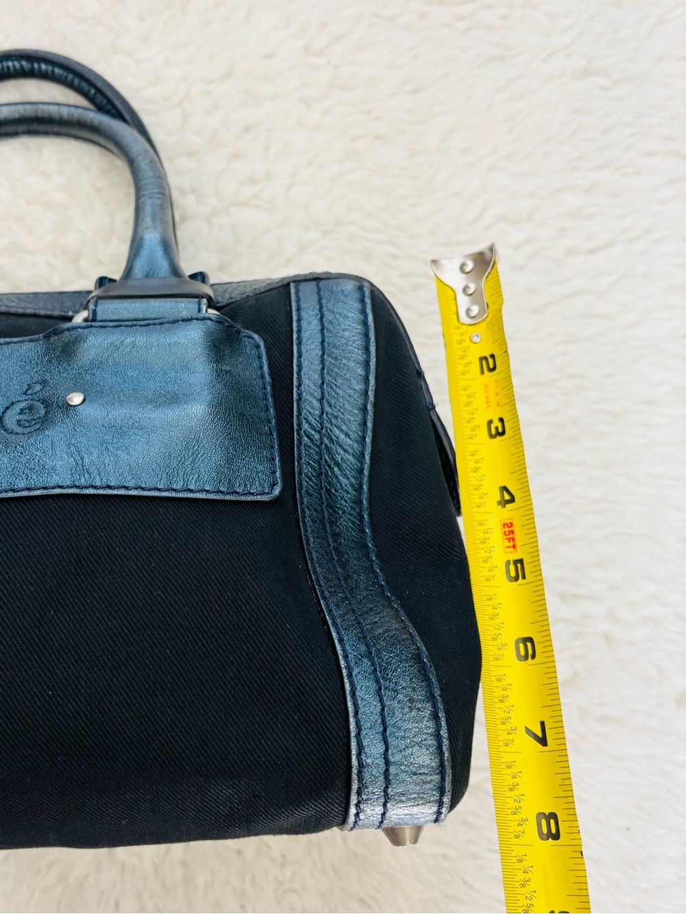 Chloe Metallic Blue Leather Black Canvas Handbag/Duffle Bag 12”x8”x7” - Picture 12 of 16